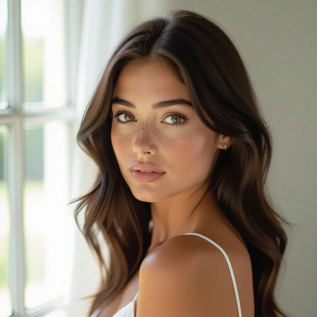 Striking young woman with large, expressive dark eyes framed by long lashes. Gaze intense and slightly mysterious. Freckles dust fair skin adding natural charm to soft, sculpted features. Straight, medium-brown hair falls just past shoulders, parted neatly in center. Turns over shoulder with confident elegance as light pours in from behind.