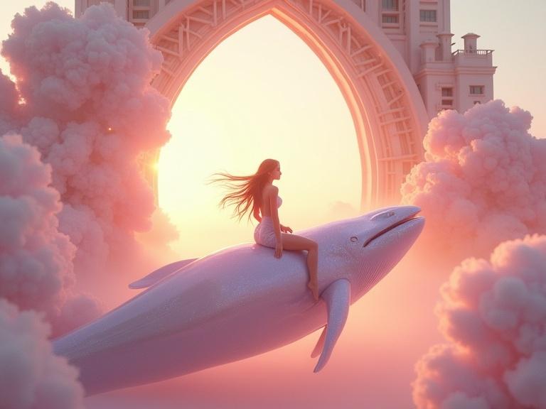 Surreal fantasy scene of Atlantis The Palm hotel in Dubai. Soft golden light shines through pink clouds. A giant translucent whale emerges from the arch. A girl in a shimmering dress sits on the whale. She gazes at the horizon. Image depicts a magical atmosphere with floral elements.