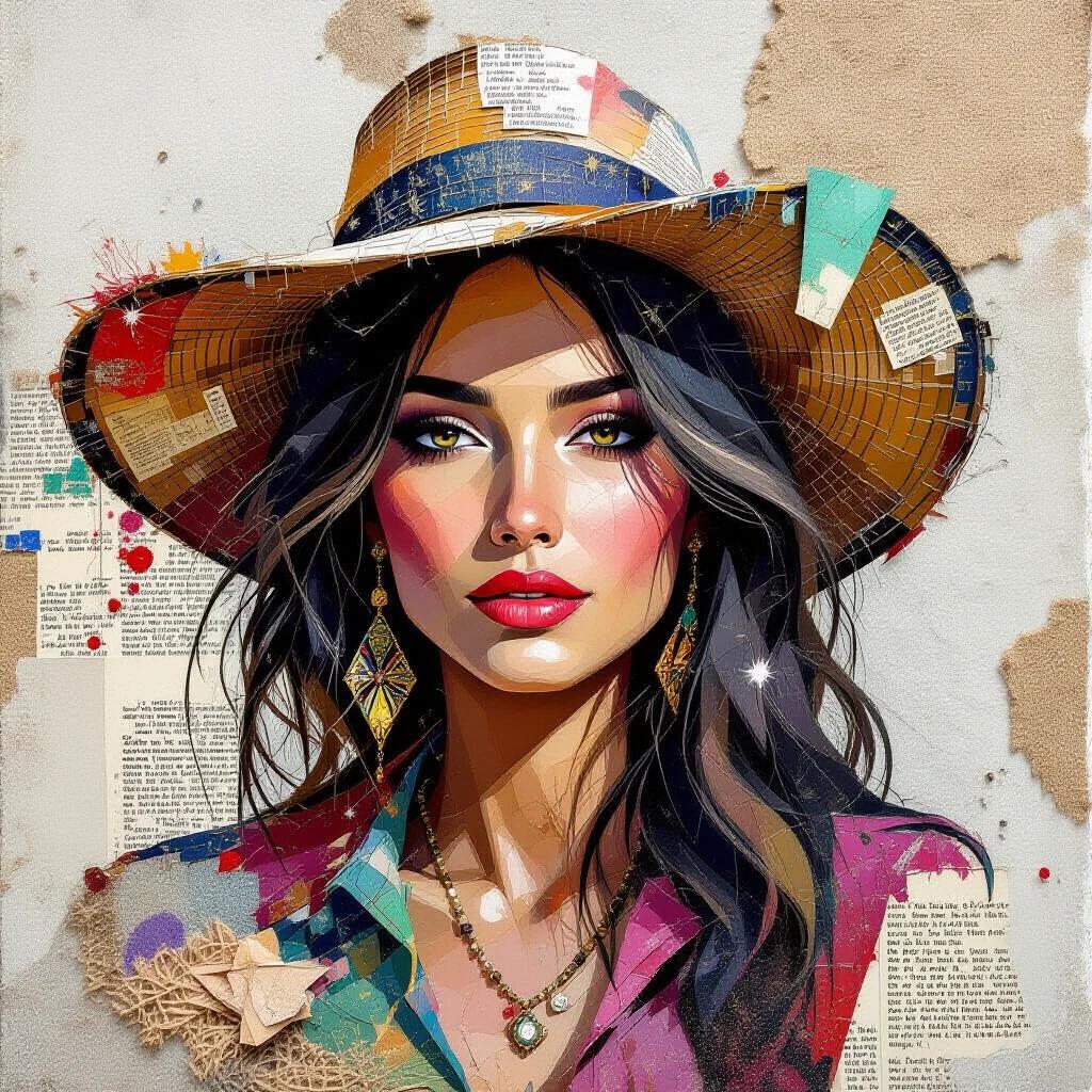 A young woman with a stylish hat. She has long, flowing hair and wears beautiful earrings. The background mixes various textures like newspaper, wood, and glitter. The colors are bright and evoke a sense of depth.