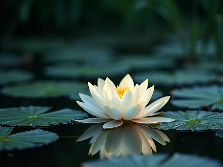 A luminous lily flower floating on a serene pond with green lily pads.