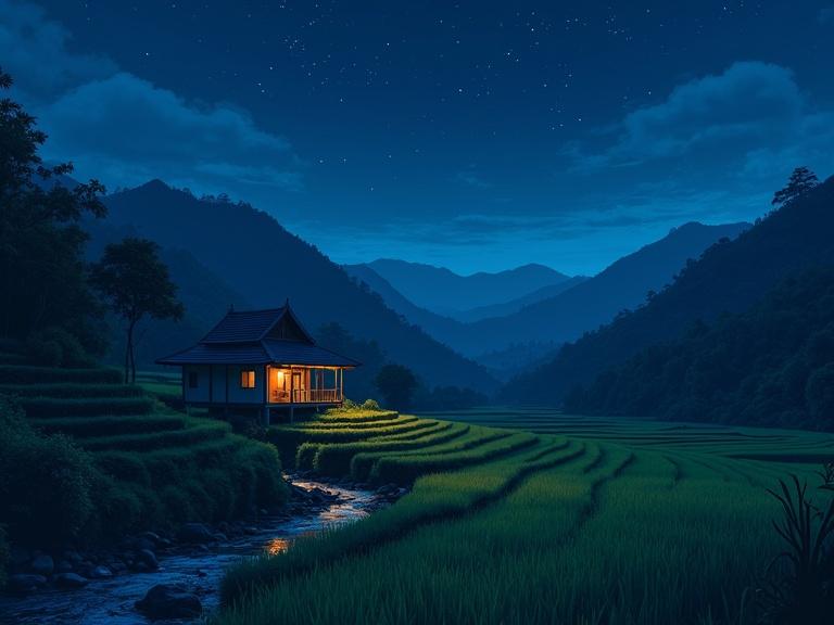 Lo-fi aesthetic scene at night with a house at the foot of a mountain. Surrounded by terraced rice fields and a stream. Sky filled with stars. Illustration in lo-fi anime style with serene details.