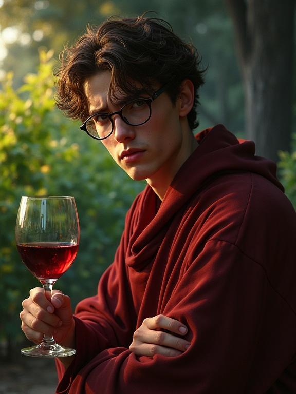 A young timid man with round glasses wears robes outdoors. He has a worried, pensive expression while holding a glass of wine. Surrounded by vines, the artwork features digital oil painting style with dynamic lighting effects.