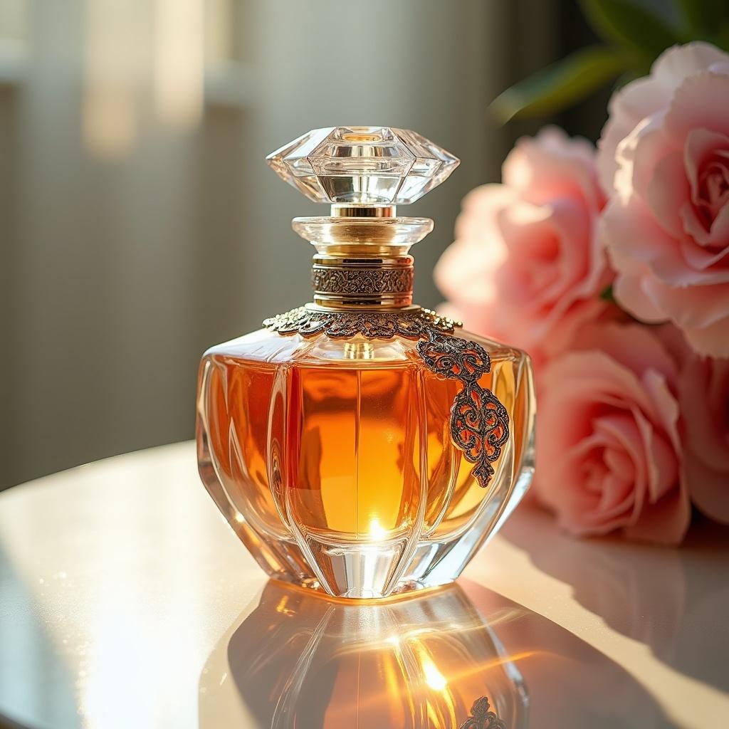 Image features a perfume bottle on a reflective surface. The bottle is exquisitely designed with intricate patterns and a diamond-style cap. Amber liquid is visible inside. Soft warm light enhances reflections and shadows. Background is blurred, emphasizing the perfume. Hint of pink flowers adds color and softness.