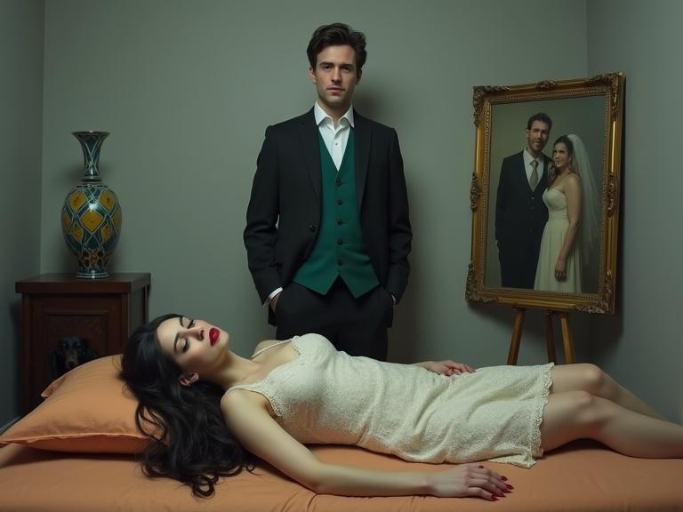 A surreal and emotionally charged artwork titled The Quiet Vigil depicts a dimly lit indoor setting focusing on three elements. A woman lies on a bed, appearing lifeless in a white lace nightgown. Her bold red lips contrast with her serene expression. A man stands behind her in a dark suit and green vest, gazing at the viewer with introspection. The background features a simple room with neutral walls, a geometric vase, and a dog on the floor. An easel supports a framed painting of a bride and groom. The color palette includes cool grays, blues, and warm accents. Soft lighting creates depth, emphasizing themes of vigilance and memory.