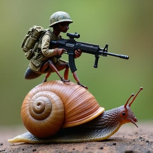 A soldier figurine wearing camouflage and a helmet sits atop a large snail. The soldier holds an AK47 rifle and grenade. The scene conveys a whimsical and humorous blend of military and nature.