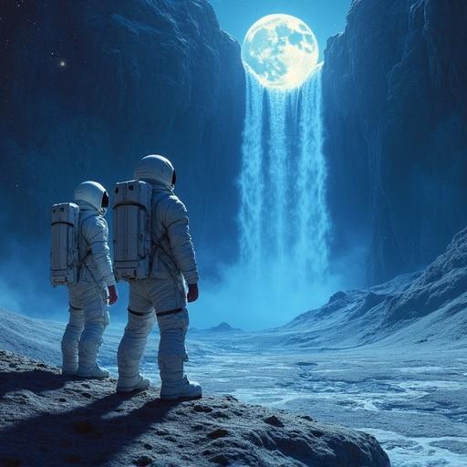 Two astronauts observing a glowing waterfall on the moon under a bright moon. Detailed and vibrant imagery. Sci-fi fantasy scene.