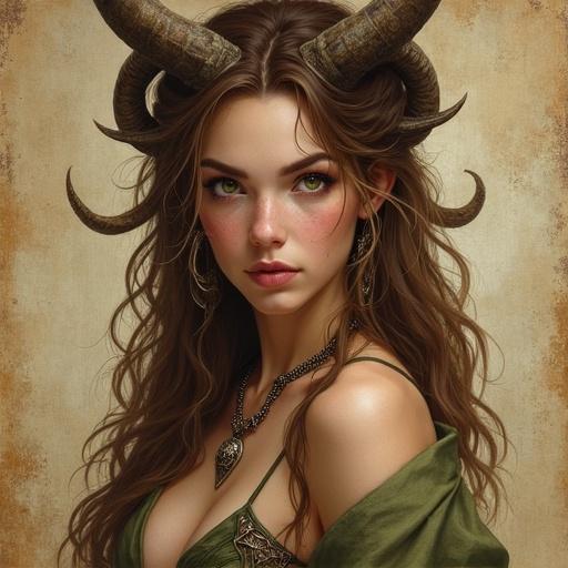 Portrait of a faun woman with horns. She has brown hair and green eyes. The background resembles worn parchment paper. The style reflects a fantasy theme, inspired by Antonio J. Manzanedo. It is semirealistic and epic with medieval elements.