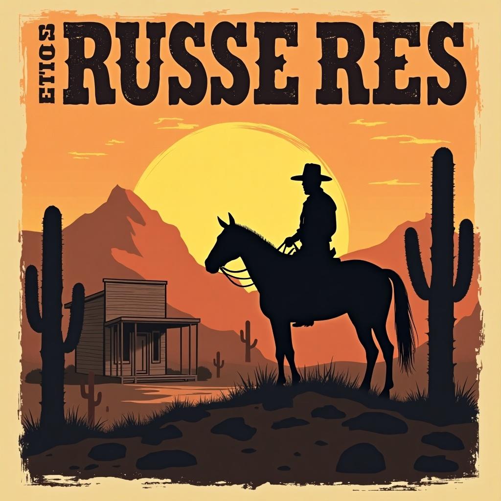 This image features a captivating western movie poster design. A lone cowboy on horseback is silhouetted against a dramatic sunset. The background showcases mountains and a traditional wooden cabin. Cacti add an authentic touch to the desert landscape. The overall color scheme includes warm tones of orange and yellow, creating an adventurous atmosphere. This artwork embodies the spirit of the Wild West, perfect for a classic cowboy film theme.