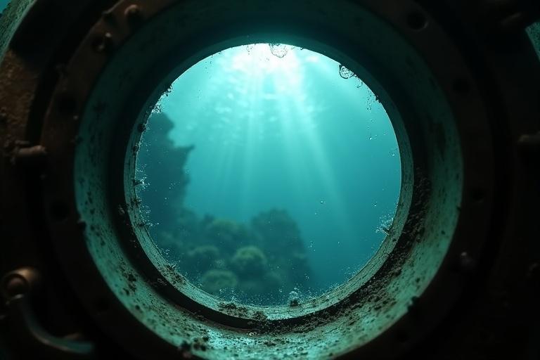 First-person perspective from an antique deep-sea diving helmet viewing through the glass. The murky ocean is visible with helmet edges and bolts shown. Soft condensation is on the glass and light beams filter from above. Realistic underwater ambiance with high detail.