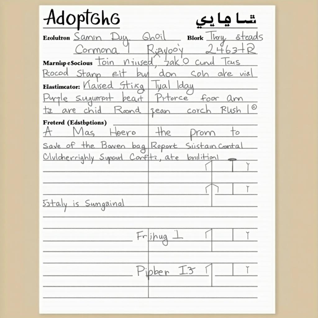 Adoption paper for a child named Sabah. Form includes information about the child and adoption details. Mostly handwritten notes. The format includes areas for signatures and legal affirmation.