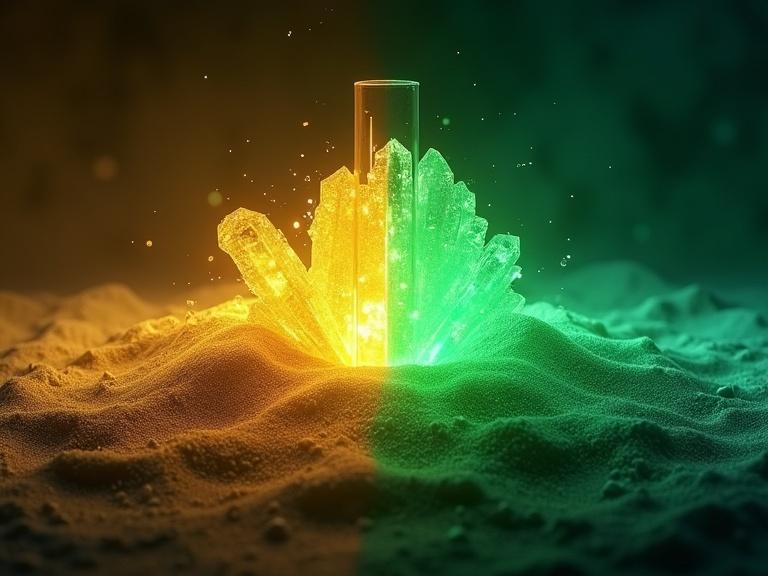 Visual scientific cover illustration with two states. Left side shows yellow-emitting sand. Right side displays green-emitting growing crystals. Horizontal temperature scale at 80 degrees indicates cold crystallization. Colorful fluorescence shows switchable emission: yellow in amorphous; green in crystalline form. Central amazing effect with indicated molecule structure. Background contrasts soft cloudy texture for amorphous and sharp geometric for crystalline. Clean layout for chemistry journal.