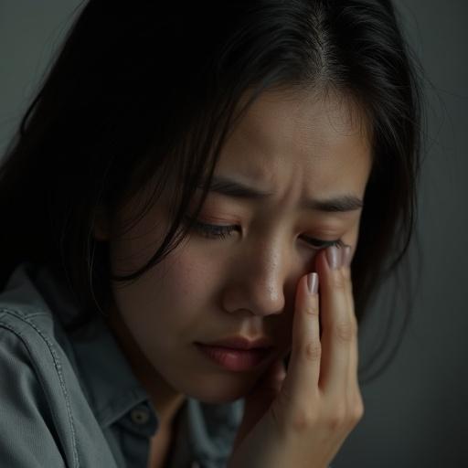 High detail photo showing emotions of a woman crying in soft lighting