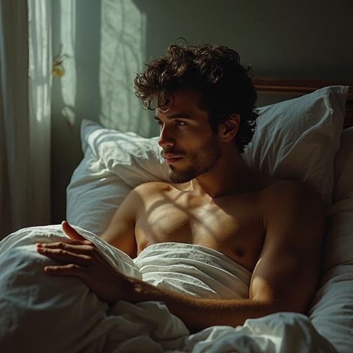 Image of a man lying in bed with casual expression. Bed is neatly made. Soft lighting enhances cozy feeling. Focus on relaxed morning vibe.