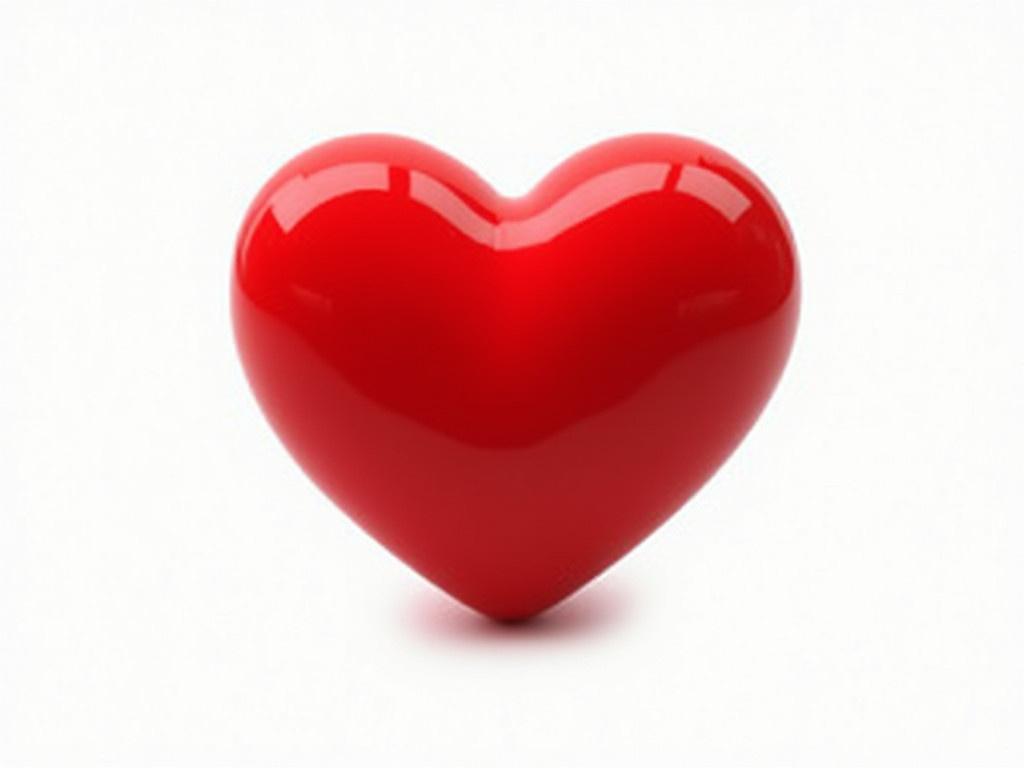 Create an image of a vibrant red heart on a white background. The heart should have a smooth, glossy texture that catches light, giving it a shiny appearance. The heart should be large and centrally placed within the image, dominating the space. Ensure that the edges of the heart are rounded and soft, symbolizing warmth and love. The simplicity of the design should evoke feelings of affection and happiness, making it perfect for romantic themes.