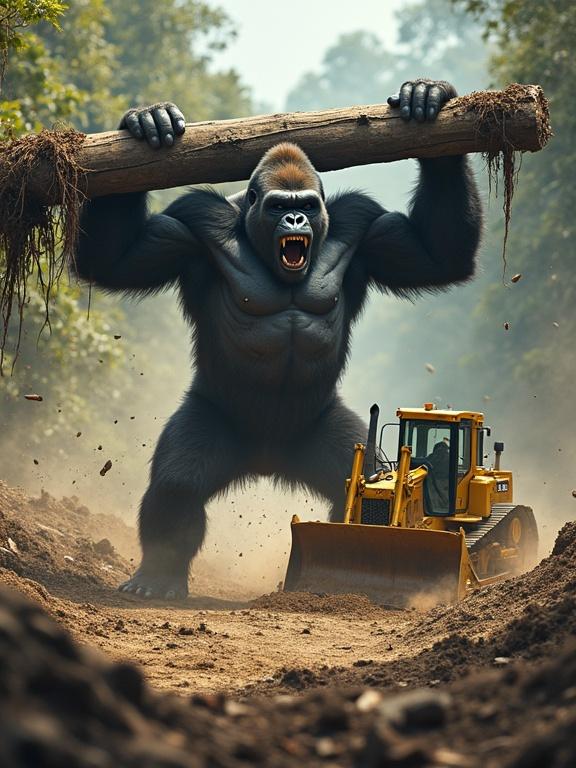 A massive silverback gorilla gripping a large fallen tree trunk with both hands lifting it above his shoulder. The tree has roots dangling from one end and dirt falling off. The gorilla's body is coiled with power. His arms are flexed and shoulders broad. His face shows rage and focus as he charges across a jungle battlefield toward a yellow CAT D8 bulldozer. The bulldozer is partially turned with treads on torn soil and blade angled defensively. The ground is broken with cracked dirt and splintered wood. Sunlight cuts through smoke casting dramatic shadows. The scene captures movement and confrontation.