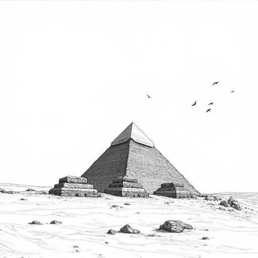 Detailed black and white line art of the Great Pyramid of Giza in a desert. Individual variations in stone blocks are visible. Foreground has sandy terrain with scattered rocks. Distant birds circle above. Realistic style showing grandeur.