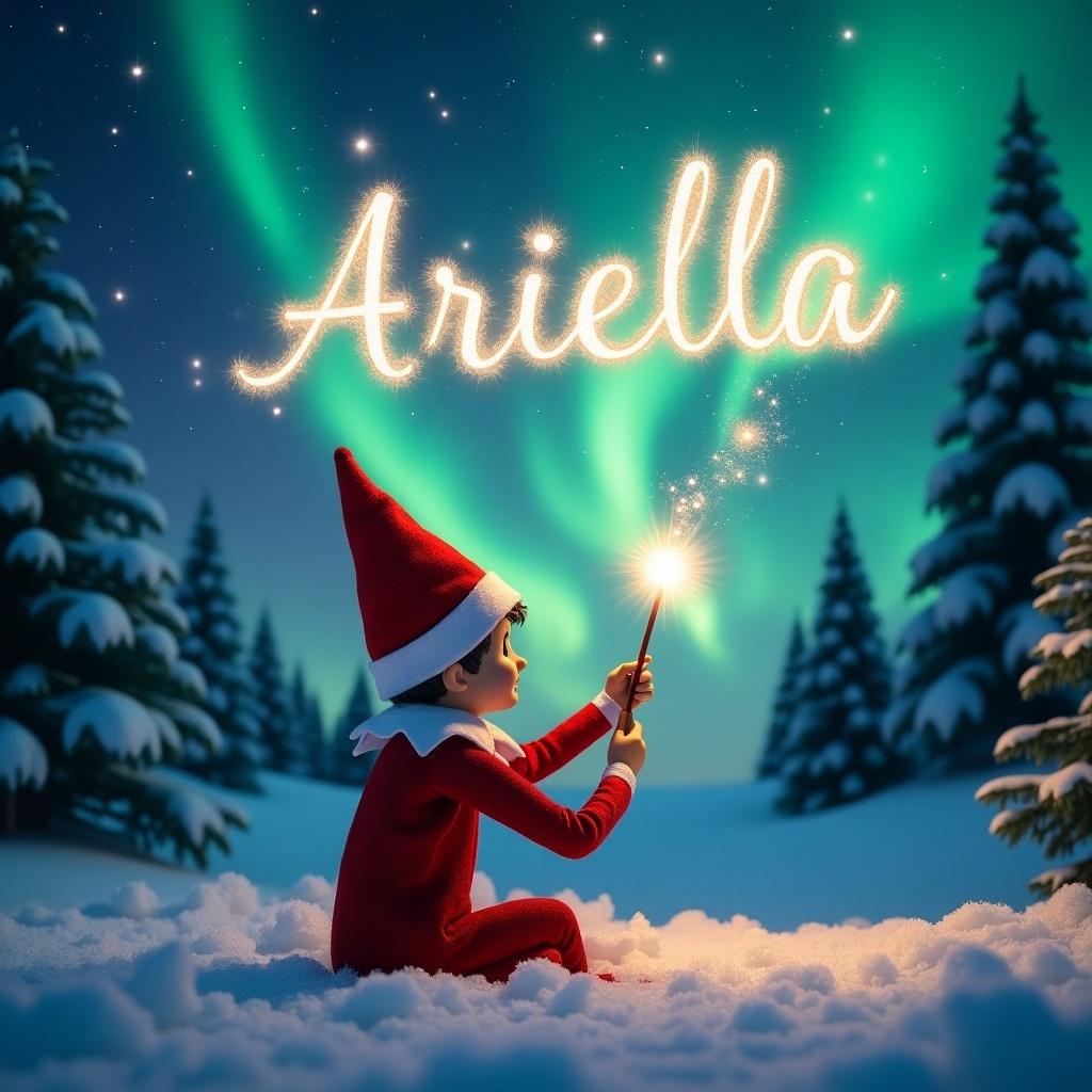 Elf on the shelf sits in a winter wonderland. The elf writes 'Ariella' in the sky with a magical wand. Background features northern lights and snow-covered ground. Evergreen trees surround the scene. The atmosphere is whimsical and festive.