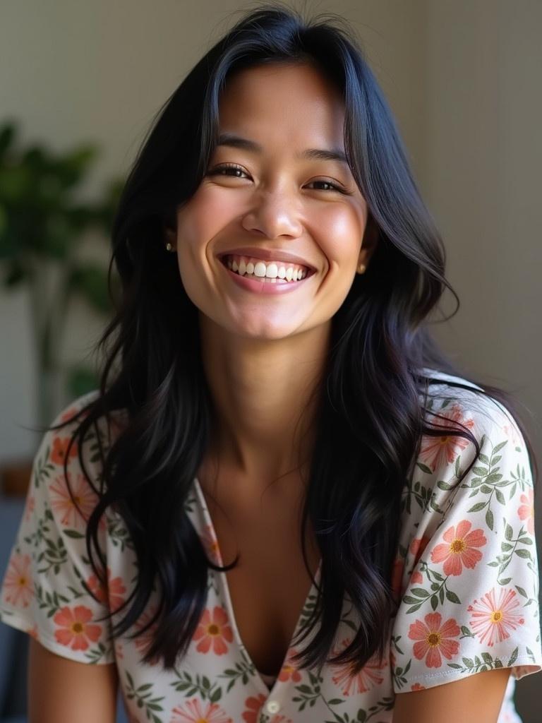 A man has long black hair. He wears a floral top. He smiles warmly at the camera. The setting appears bright and inviting.