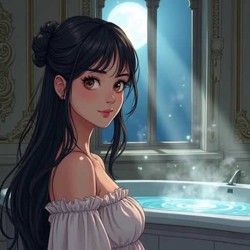Scene featuring a cozy castle tower room illuminated by moonlight. Princess Kim prepares for a bath in a comfortable nightgown. Her long hair cascades down as steam rises from an off-screen bath. Gentle and magical atmosphere created by falling moonlight particles.