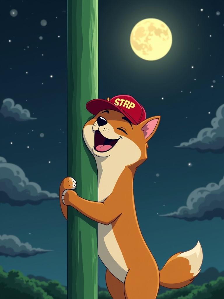 Animated cartoon character showcases a Shiba dog. Character wears a red baseball cap marked with $TRP. Dog hugs a tall green pillar reaching towards the moon. Background reveals a dark night sky with clouds and stars.