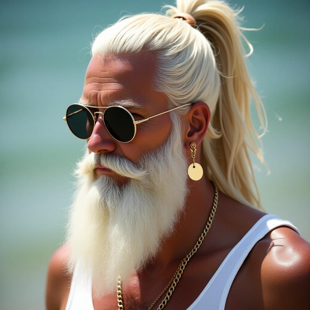 Create a portrait of a man with a long blonde ponytail an impressive long beard wearing sunglasses and a round earring by the beach.