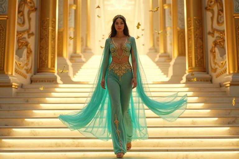 Inside a grand golden temple, a tall Arabian princess with white skin ascends a marble staircase. She wears a turquoise outfit with gold embroidery. Golden butterflies flutter around her as she climbs. The temple has golden pillars and glowing reflections on marble. Her expression is serene and focused.
