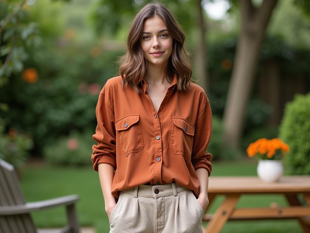 A young model poses to promote a fashion product in a garden. She wears a stylish rust-colored shirt that is slightly oversized and has pockets. The model's bottoms are light, textured pants that provide a relaxed look. She stands confidently with one hand in her pocket and the other relaxed at her side. The background features lush greenery and elements of a well-kept garden, adding a fresh, vibrant feel to the setting.