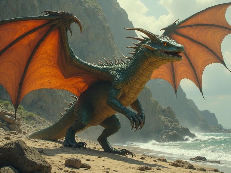 Dragons are intelligent lizard-like creatures known as greps or Basics from Jack Vance's dragon masters series. An imposing dragon stands on a beach with orange wings spread wide, showcasing its majestic presence against a scenic background.