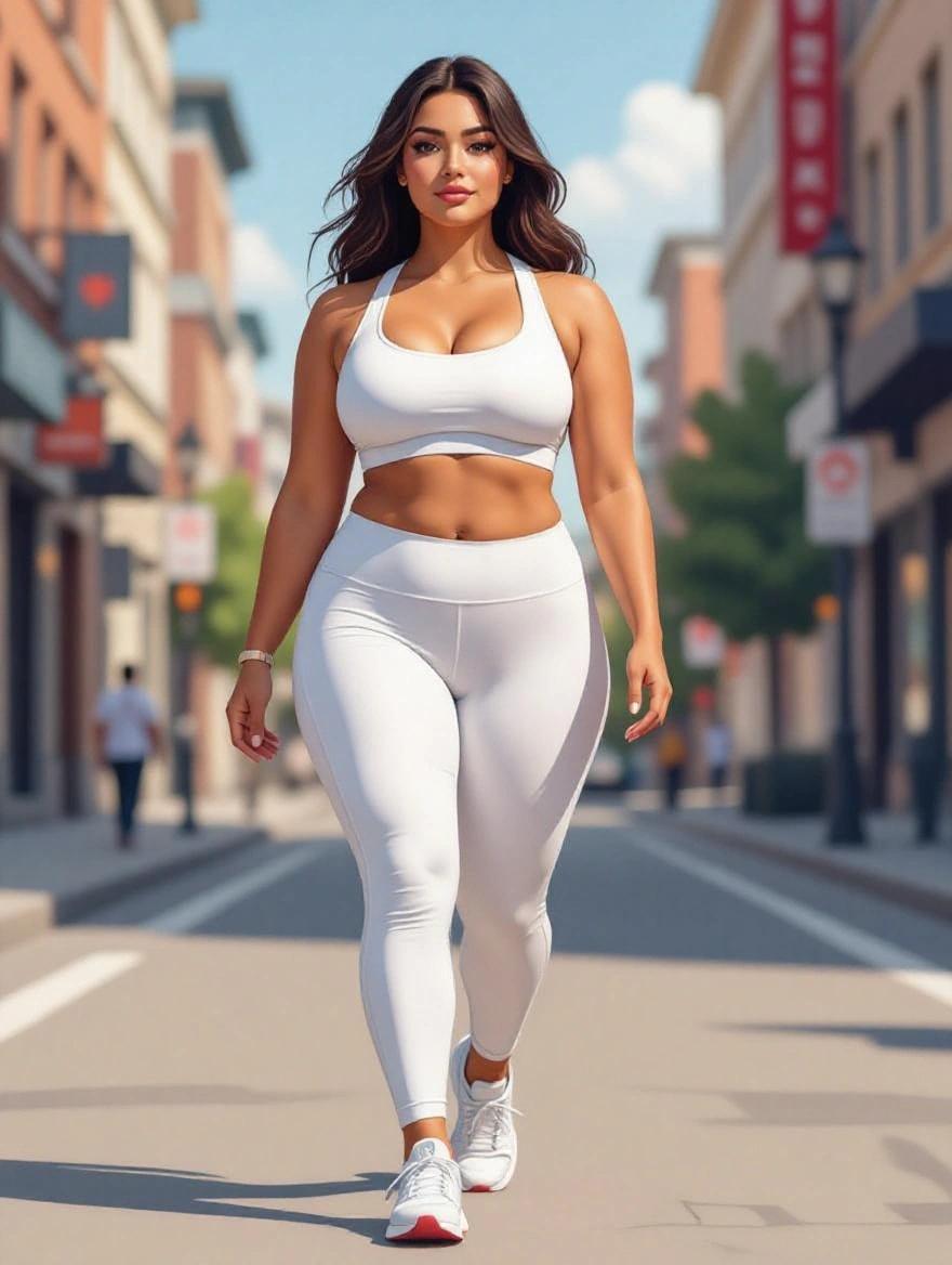 Vector art illustration of a young plus-size woman in a sports bra and white leggings. She is walking confidently down a street. Her chin is up, and her arms are spread. The background features a city walkway with buildings.
