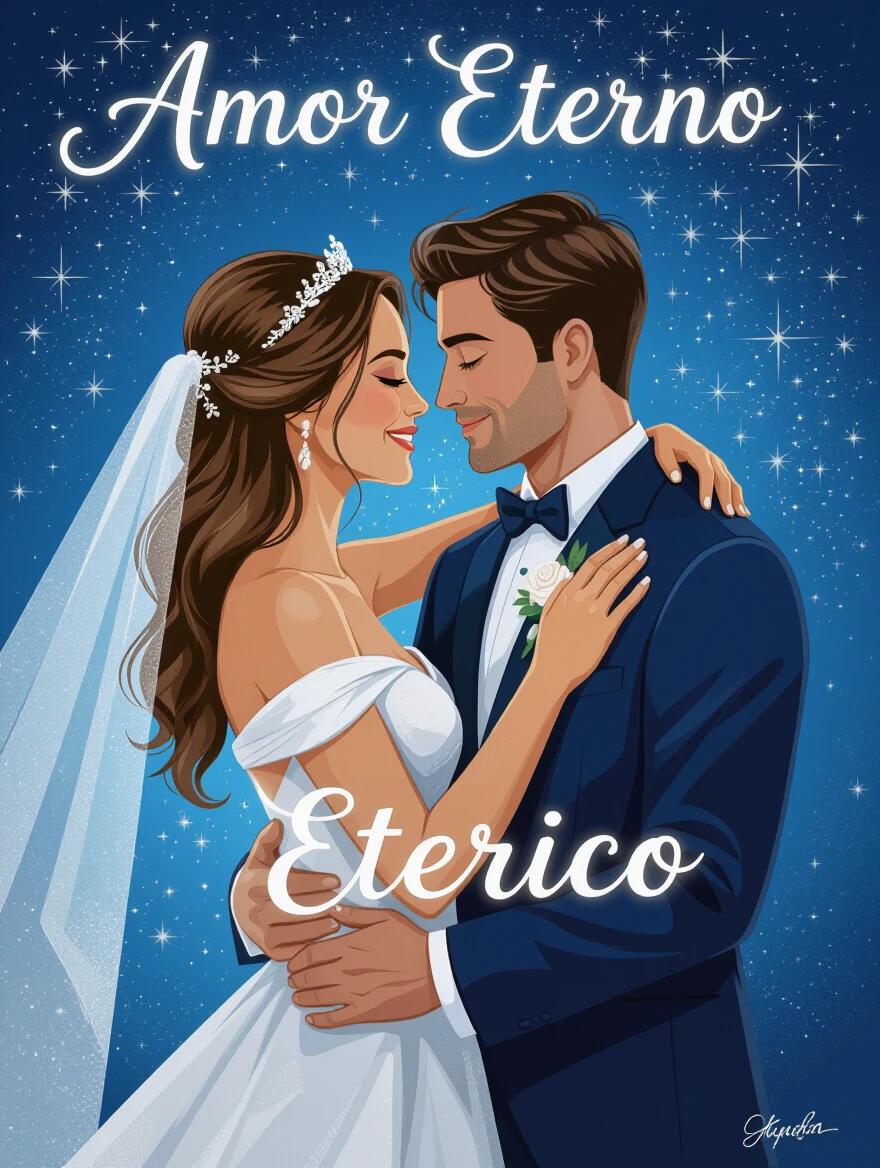 Illustration of a romantic couple in bridal attire. The background features a starry night sky. The couple is embracing with elegance and love. The text overlay says 'Amor Eterno' and 'Eterico'.