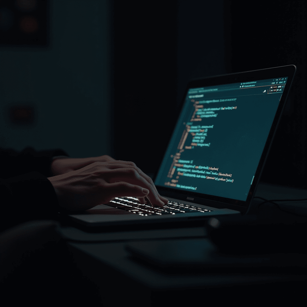 A person typing on a laptop with code illuminated on the screen in a dimly lit room.