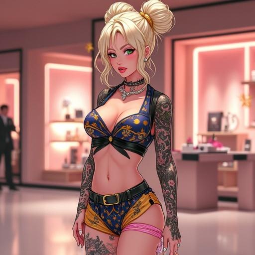 Anime inspired character in futuristic luxury store. Woman has beautiful face and oversized classy light blonde bun. Wears diamond jewelry, popstar print shirt, and shorts. Displays muscular build and traditional tattoos. Standing confidently in modern, colorful setting.