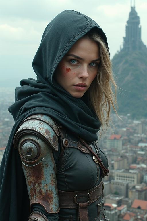 Portrait of a young woman with bright blue eyes. She has a robotic arm. She wears tactical dieselpunk robe with a hood. She is on top of a tower. The background features a dieselpunk city and mountain with a fortress.
