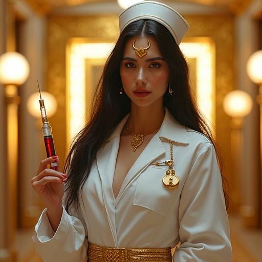 Divine nurse goddess inspired by Ishtar in a ceremonial white nurse uniform with Mesopotamian elegance. Holding a blood-stained syringe and heart monitor. Long dark hair and soft pale skin. Gentle smile with eyes showing obsessive madness. Standing in a golden hospital temple with glowing IV drips and ancient carvings.