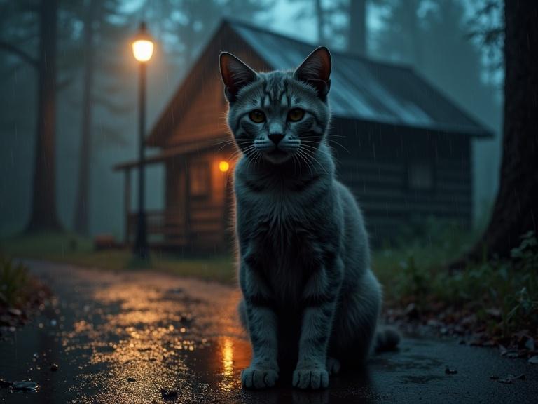 Cinematic scene of a cat wearing a hockey mask. Cat stands in rain at night. Eerie streetlights illuminate dark wooden cabin. Cat stares into camera with chilling presence. Lightning reflected in puddles. Tense horror-themed atmosphere with wet fur and dramatic lighting. High detail and contrast.