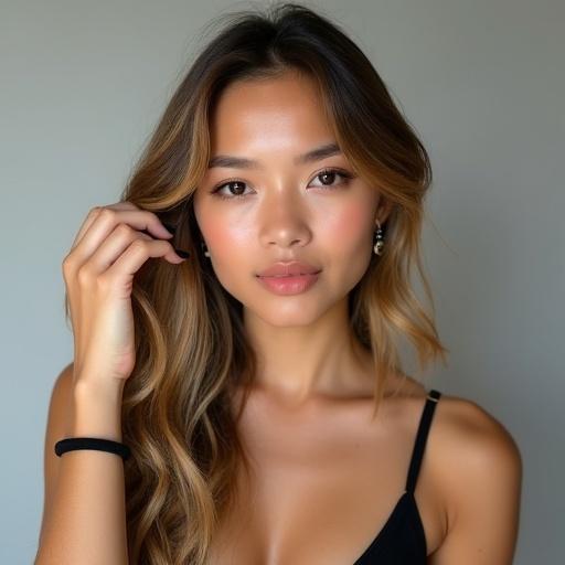A young woman posed centrally in a beauty portrait. She has fair skin and long, wavy, light brown hair with golden highlights. Hair is partially tucked behind her right ear. Left hand touches hair near left temple. She wears a black bra, with natural makeup emphasizing her light-colored eyes and pink lips. A small silver earring is in her right ear, and a black hair tie is on her left wrist.