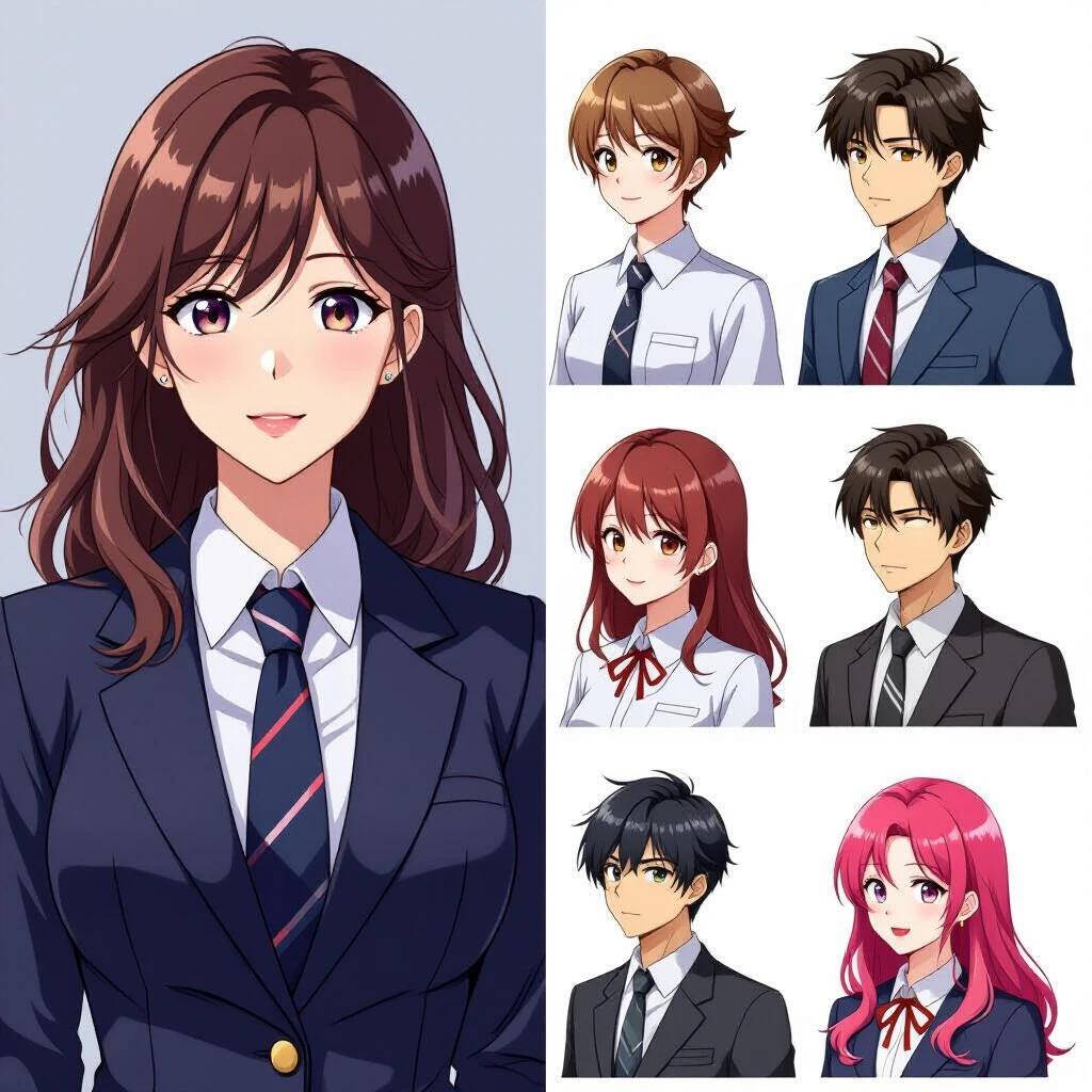 Generate multiple characters wearing ties in a variety of hairstyles and emotions. Use a transparent background and maintain a square aspect ratio. Emphasize the diversity in clothing and figures while preserving a cohesive art style.
