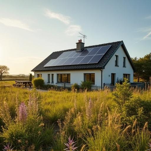 A modern, eco-friendly house features solar panels. Beautiful summer landscape surrounds the house. Sunlight creates a warm atmosphere. Located in the Irish countryside with wildflowers in the foreground.