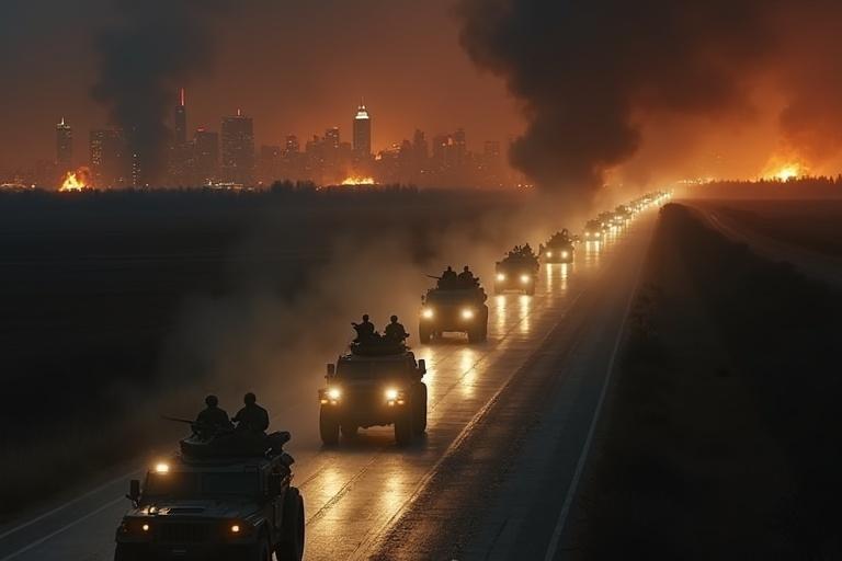 Ultra-realistic night scene showing long military convoy of armored trucks tanks and jeeps moving on highway toward New York City engulfed in smoke fire and destruction. Convoy stretches across road headlights casting long beams through dust and smoke. Soldiers visible on vehicles alert some manning mounted weapons others scanning horizon. New York City skyline partially silhouetted with tall buildings burning glowing orange and columns of black smoke rising. Environment is rural dark cracked highway cutting through empty fields or forest edges. No civilians present silence heavy broken only by vehicle engines and distant city chaos. High angle slightly rear view showing military convoy below and devastated city glowing ahead. Cinematic 16:9 photorealistic details realistic lighting atmosphere subtle motion blur thick smoke plumes and dramatic mood of urgency and dread.