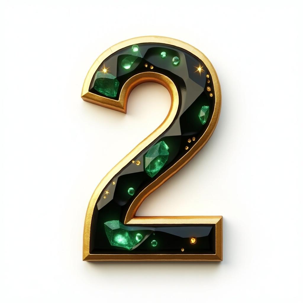 This image features a three-dimensional golden number 2 adorned with emeralds and set against a clean white background. The number is crafted with a glossy finish, giving it a luxurious look. Emerald gemstones are embedded into the surface, adding depth and color contrast. Angular shapes characterize the design, highlighting a modern aesthetic. Bright lights reflect off the surfaces, enhancing its appeal for visual mediums like gaming and digital art.