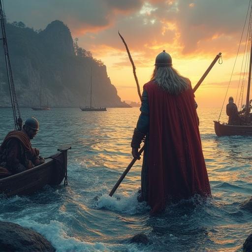 Viking worlds depicted with landscapes and figures in historical attire. Boats are present in the water during sunset. Dramatic coastline enhances the scene.