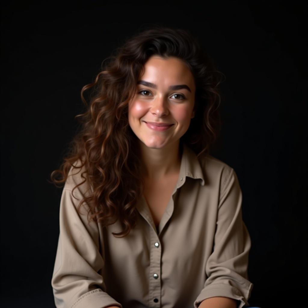 A young woman with long curly hair wearing a neutral colored blouse against a dark backdrop. She sits gracefully with a calm expression.