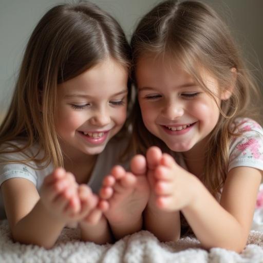 Two smiling girls joyfully count each other's toes. They are sitting together and showing delight. The scene captures warmth and happiness in a cozy setting.