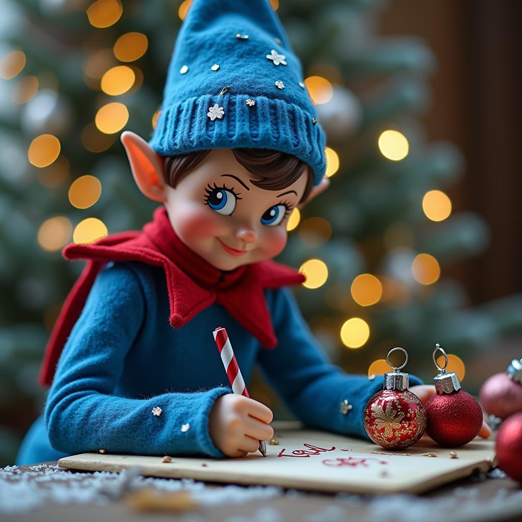 A charming Christmas elf dressed in cheerful blue attire, complete with a hat, is focused on writing names on decorative baubles. The elf has a playful expression and is sitting at a wooden table surrounded by holiday decorations. The background features a softly lit Christmas tree adorned with twinkling lights. The elf holds a red and white candy cane, adding to the festive atmosphere. This scene evokes a sense of holiday cheer and delightful anticipation. The names being written include 'Kelsi', 'Coby', 'Lewis', 'Jazmine', and 'Lottie', emphasizing a personal touch for the festive season.