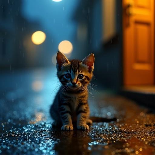 A dark rainy street at night. A small dark-striped kitten in front of an open wooden house door. The door emits warm yellow light illuminating the wet asphalt. The kitten is soaked with matted fur, flattened ears, and sad eyes. Raindrops on its face reflect streetlights in puddles. The contrast of cold blue street and warm light creates emotion.