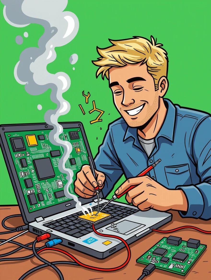 An illustration of a person soldering a circuit board on an old laptop. Smoke rising from the board while wires are tangled. A cheerful expression after the first beep. Background features a bright green color in a comic style.