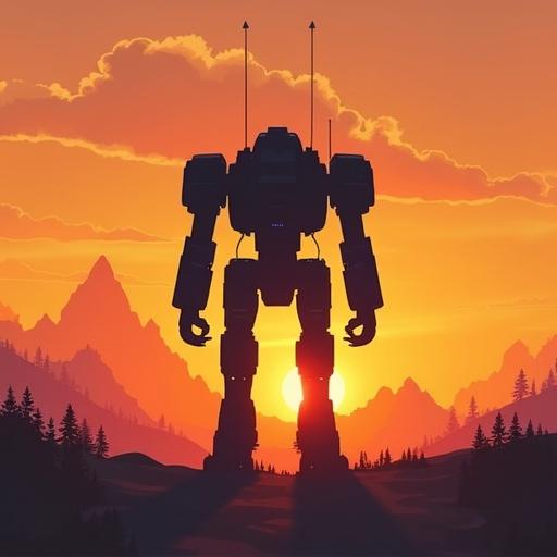 Giant mech walking off into the sunset. Silhouette against mountains and trees. Epic and serene atmosphere.
