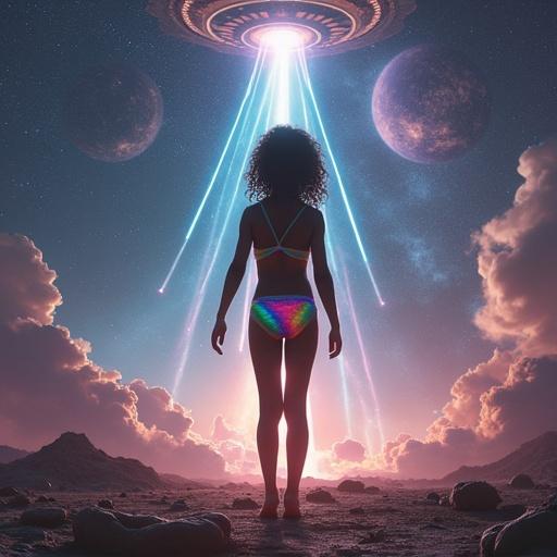 Young girl standing hands on hips wearing colorful bikini flying in front of gigantic alien spacecraft. Countless lasers fire at her. Feet and body off the ground levitating in zero gravity. Stars and galaxies in background.