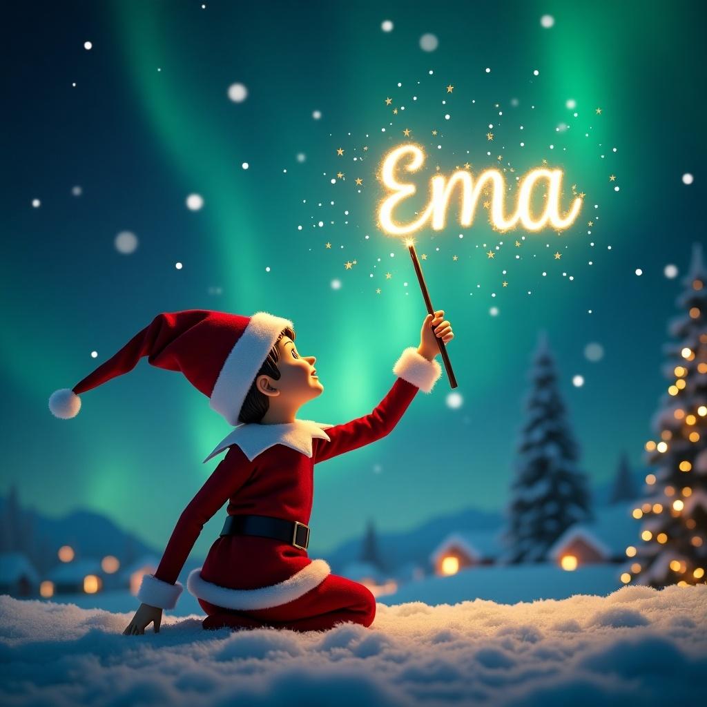 Elf in red and white attire writing 'Ema' in the night sky using a wand. Magical Christmas background with northern lights and a Christmas tree.