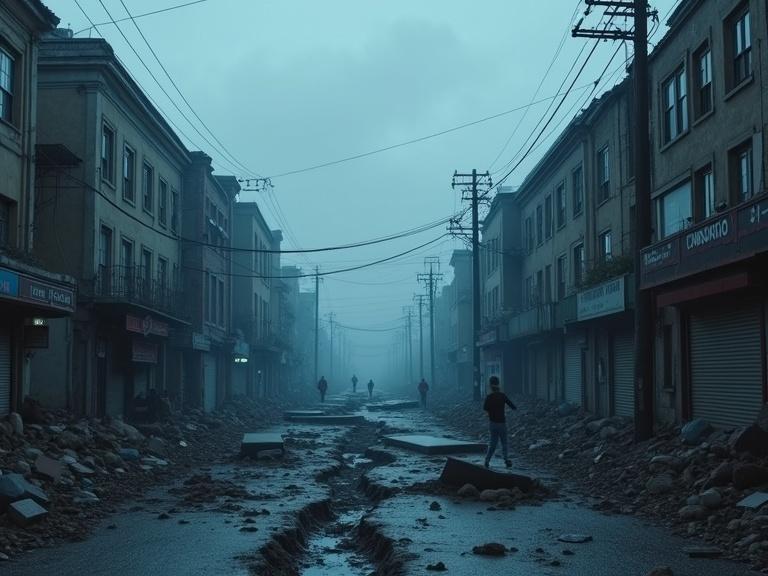 A dark cinematic scene set in a town after an earthquake. The street is split open with a huge crack visible. Buildings appear to be destroyed with some falling into the crack. People are running in panic amidst the chaos. Abandoned cars and stores fill the ruined streets. Powerlines are damaged and dark clouds hang overhead. A deep sense of destruction permeates the image.